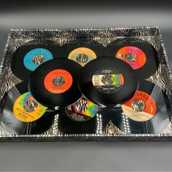 Handmade SERVING TRAY w/Handles Zebra Covered with Vintage 45 RPM Vinyl Records - Picture 5 of 5